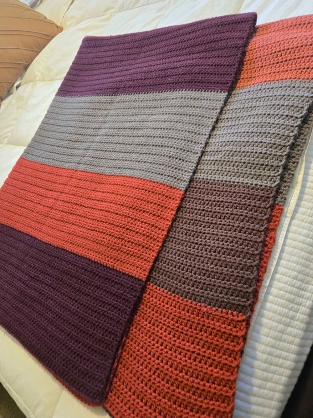Handmade Wide Striped Crochet Throw - Plum, Coral & Gray